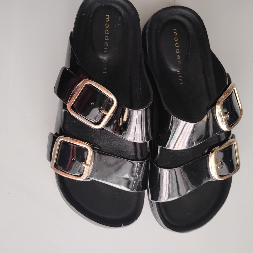 Madden Girl Glossy Black Sandals with Gold Buckles